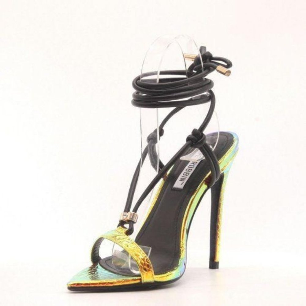 ! NEW ! Mermaid Metallic & Black  Ankle Wrap Heels - Picture 7 of 11